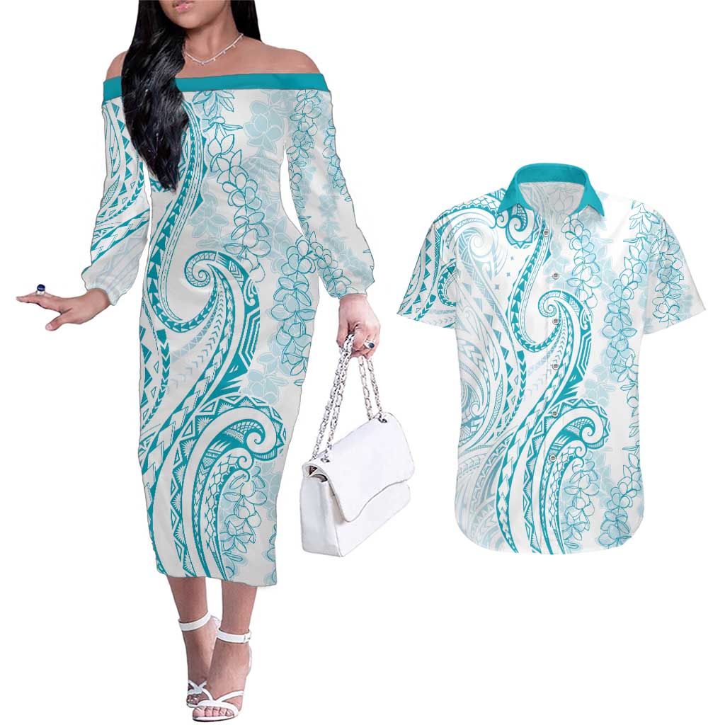 Polynesia Plumeria Lei Couples Matching Off The Shoulder Long Sleeve Dress and Hawaiian Shirt White Turquoise Curves Motif