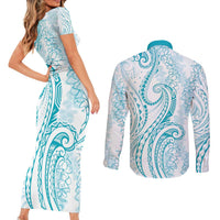 Polynesia Plumeria Lei Couples Matching Short Sleeve Bodycon Dress and Long Sleeve Button Shirt White Turquoise Curves Motif