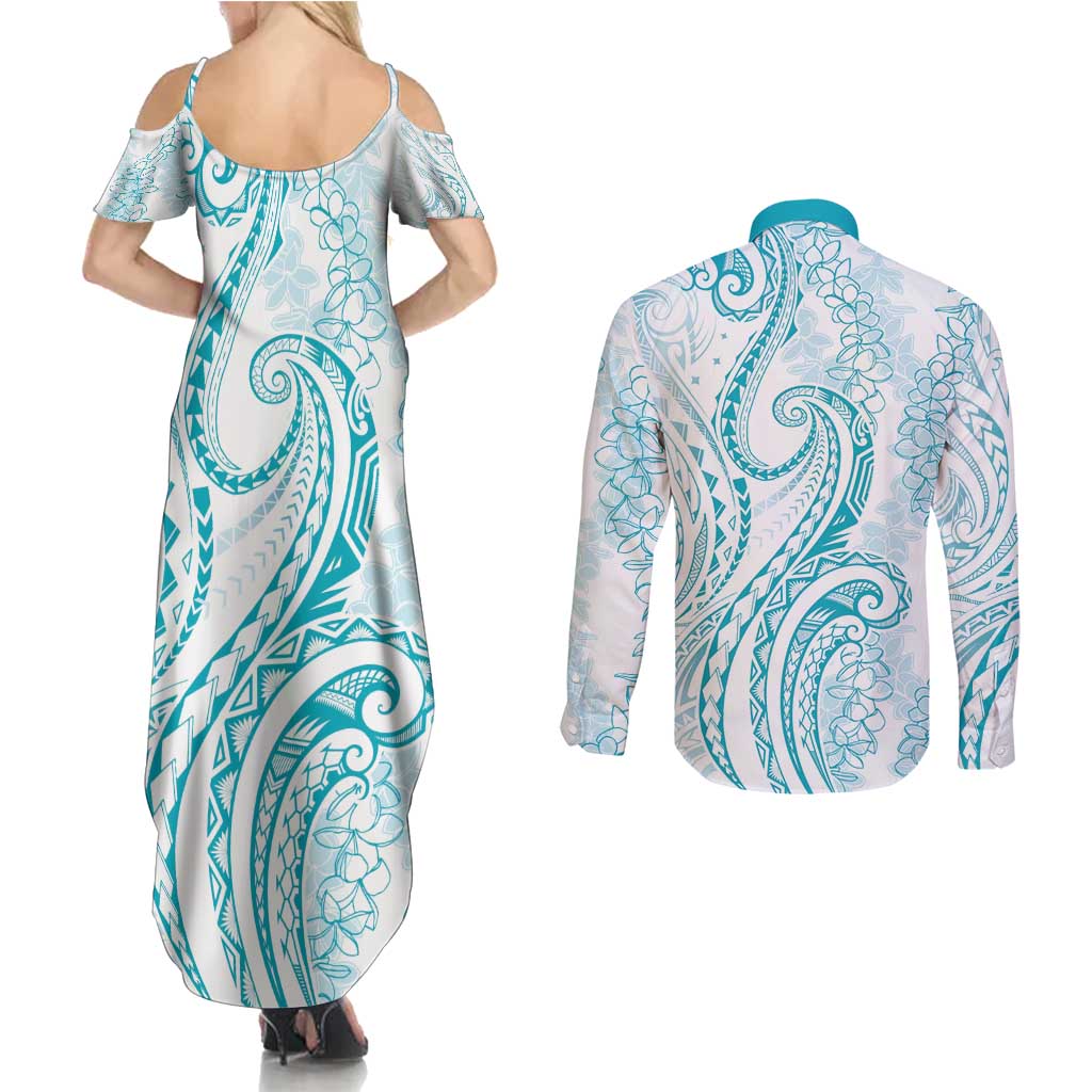 Polynesia Plumeria Lei Couples Matching Summer Maxi Dress and Long Sleeve Button Shirt White Turquoise Curves Motif