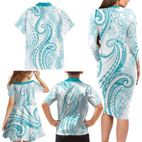 Polynesia Plumeria Lei Family Matching Long Sleeve Bodycon Dress and Hawaiian Shirt White Turquoise Curves Motif