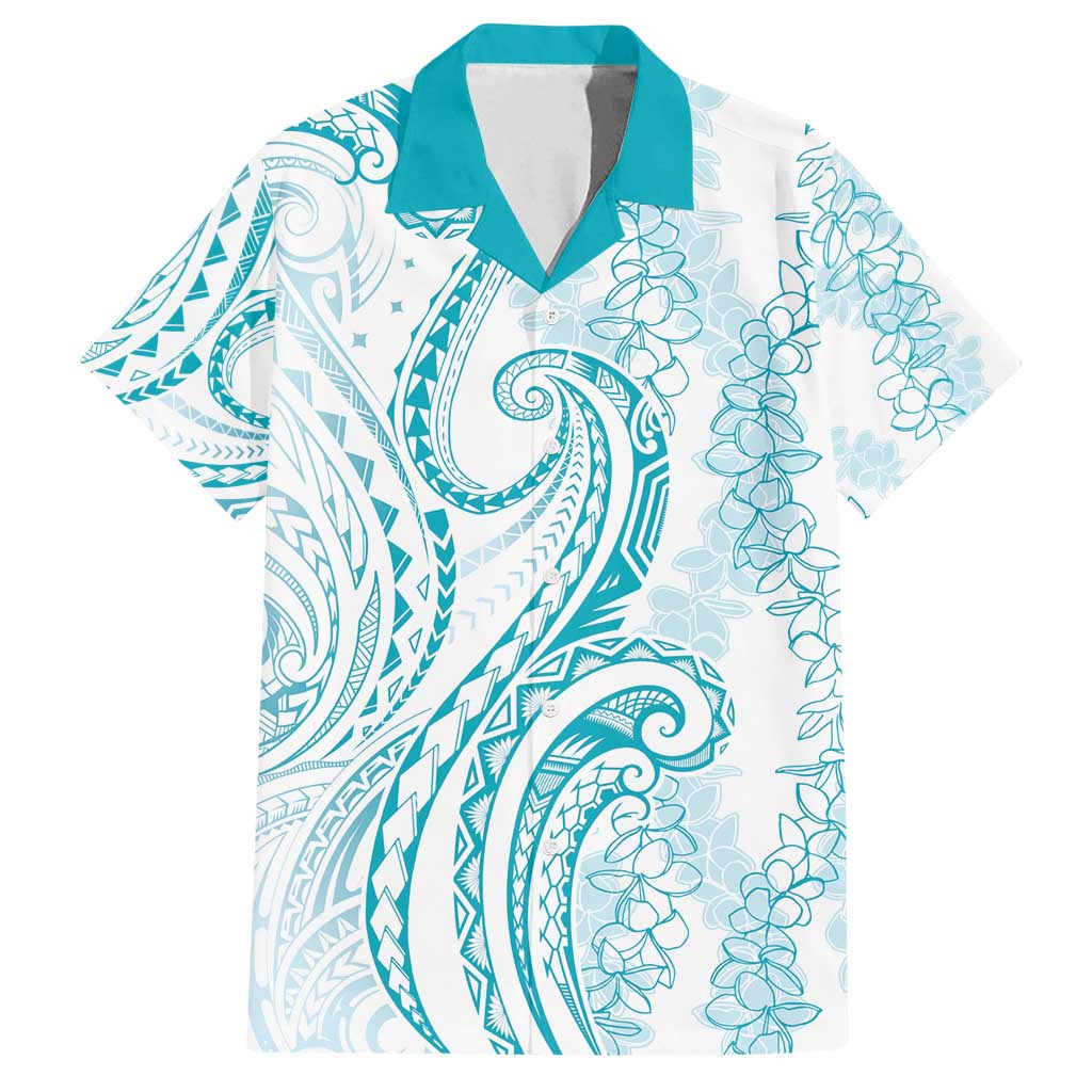 Polynesia Plumeria Lei Family Matching Long Sleeve Bodycon Dress and Hawaiian Shirt White Turquoise Curves Motif