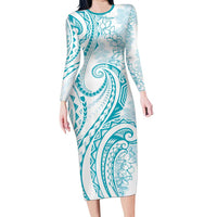 Polynesia Plumeria Lei Family Matching Long Sleeve Bodycon Dress and Hawaiian Shirt White Turquoise Curves Motif
