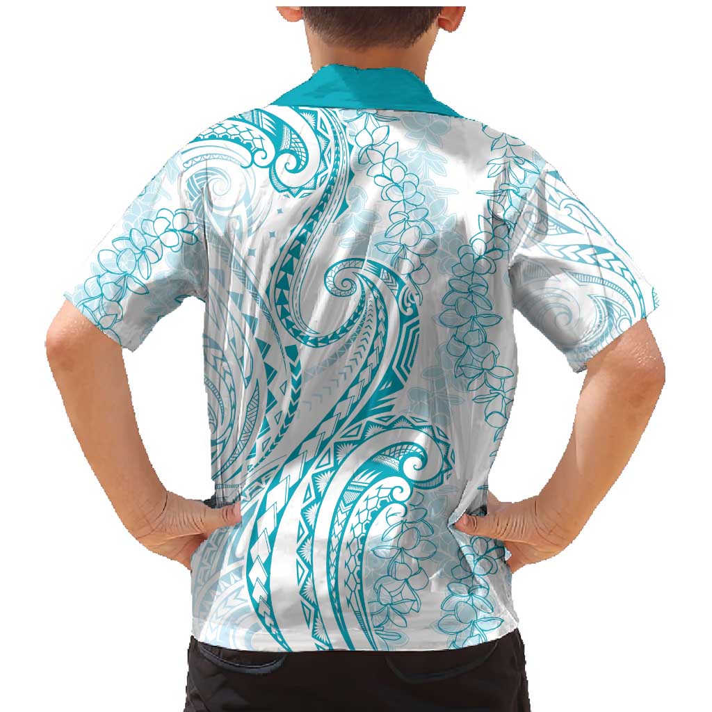 Polynesia Plumeria Lei Family Matching Mermaid Dress and Hawaiian Shirt White Turquoise Curves Motif