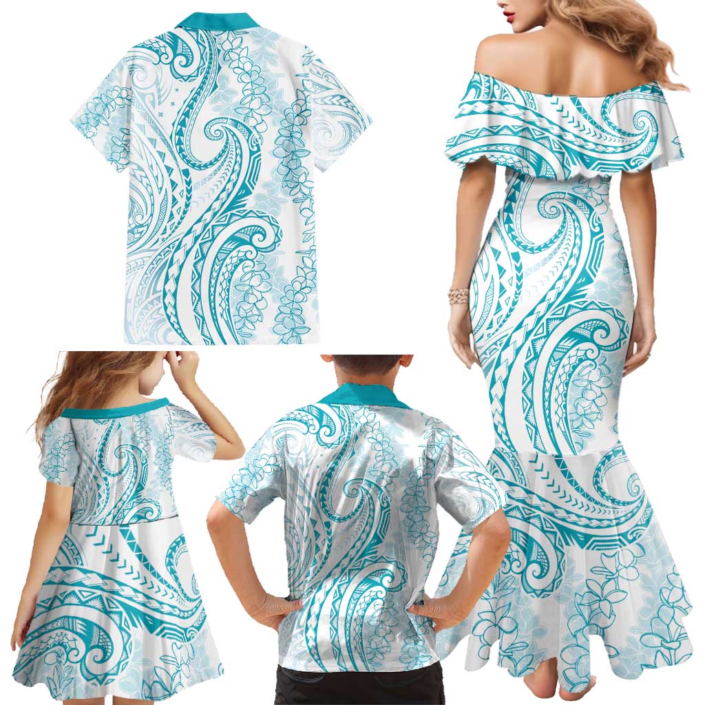 Polynesia Plumeria Lei Family Matching Mermaid Dress and Hawaiian Shirt White Turquoise Curves Motif