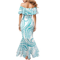 Polynesia Plumeria Lei Family Matching Mermaid Dress and Hawaiian Shirt White Turquoise Curves Motif