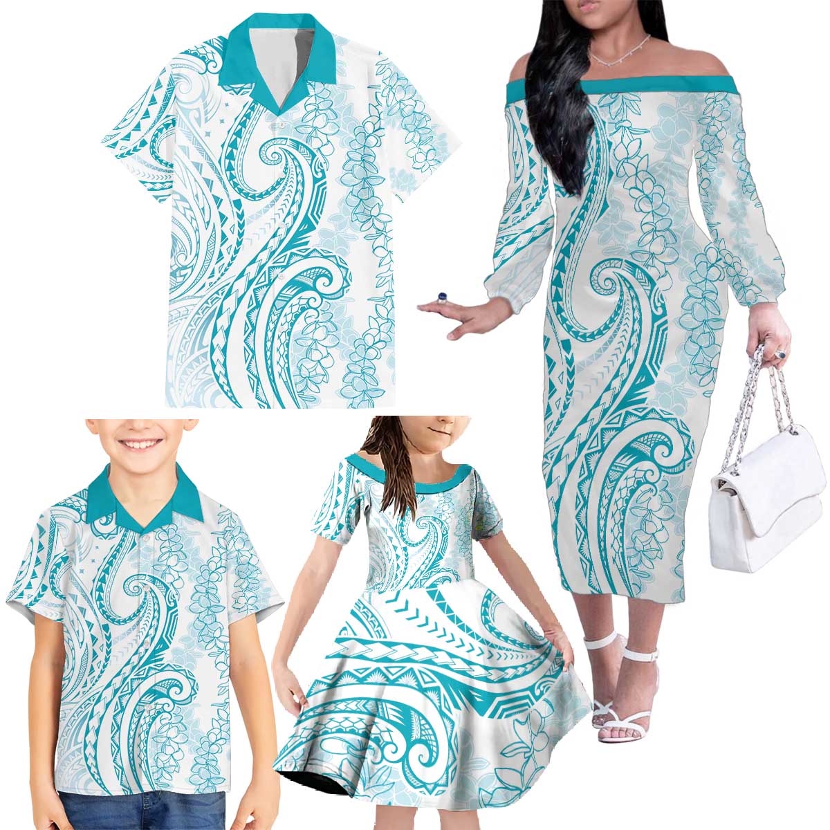 Polynesia Plumeria Lei Family Matching Off The Shoulder Long Sleeve Dress and Hawaiian Shirt White Turquoise Curves Motif