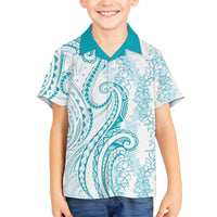 Polynesia Plumeria Lei Family Matching Off The Shoulder Long Sleeve Dress and Hawaiian Shirt White Turquoise Curves Motif