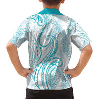 Polynesia Plumeria Lei Family Matching Off Shoulder Maxi Dress and Hawaiian Shirt White Turquoise Curves Motif LT7 - Polynesian Pride