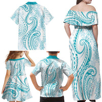 Polynesia Plumeria Lei Family Matching Off Shoulder Maxi Dress and Hawaiian Shirt White Turquoise Curves Motif LT7 - Polynesian Pride