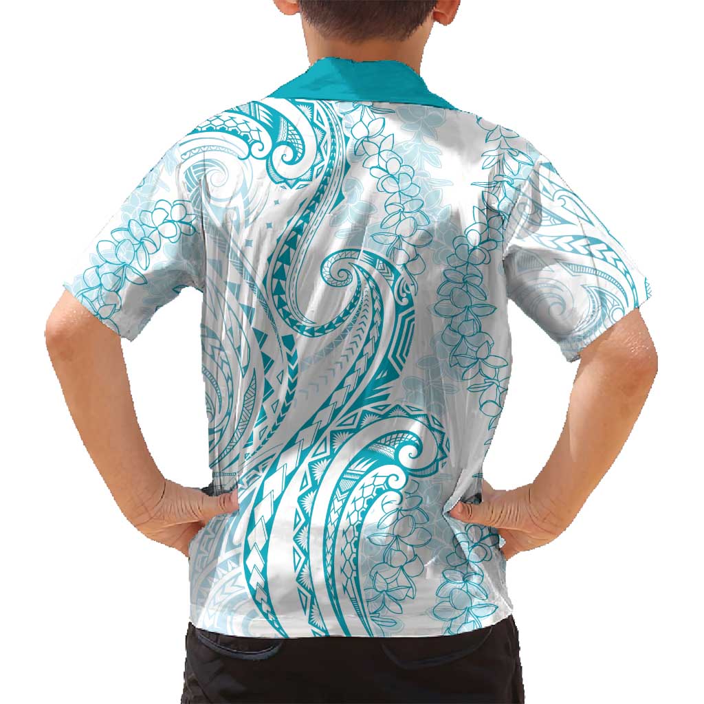 Polynesia Plumeria Lei Family Matching Off Shoulder Short Dress and Hawaiian Shirt White Turquoise Curves Motif LT7 - Polynesian Pride