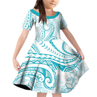 Polynesia Plumeria Lei Family Matching Off Shoulder Short Dress and Hawaiian Shirt White Turquoise Curves Motif LT7 Daughter's Dress Turquoise - Polynesian Pride