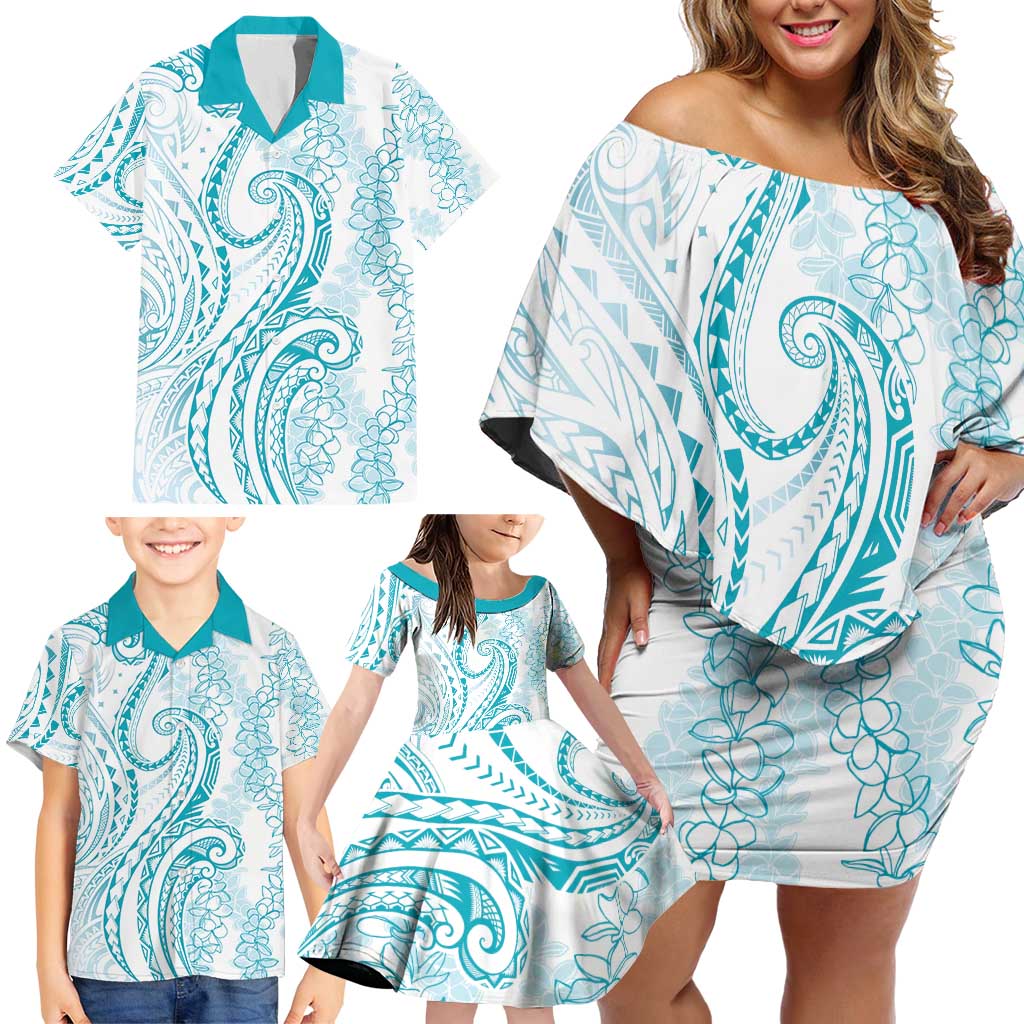Polynesia Plumeria Lei Family Matching Off Shoulder Short Dress and Hawaiian Shirt White Turquoise Curves Motif