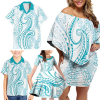 Polynesia Plumeria Lei Family Matching Off Shoulder Short Dress and Hawaiian Shirt White Turquoise Curves Motif LT7 - Polynesian Pride