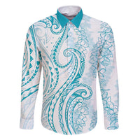 Polynesia Plumeria Lei Family Matching Off Shoulder Short Dress and Hawaiian Shirt White Turquoise Curves Motif LT7 Dad's Shirt - Long Sleeve Turquoise - Polynesian Pride