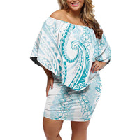 Polynesia Plumeria Lei Family Matching Off Shoulder Short Dress and Hawaiian Shirt White Turquoise Curves Motif LT7 Mom's Dress Turquoise - Polynesian Pride