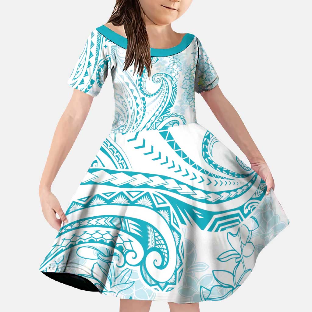 Polynesia Plumeria Lei Family Matching Summer Maxi Dress and Hawaiian Shirt White Turquoise Curves Motif LT7 Daughter's Dress Turquoise - Polynesian Pride