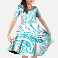 Polynesia Plumeria Lei Family Matching Summer Maxi Dress and Hawaiian Shirt White Turquoise Curves Motif LT7 Daughter's Dress Turquoise - Polynesian Pride