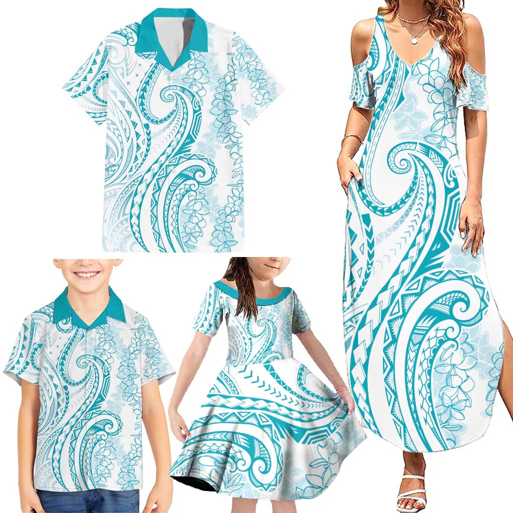 Polynesia Plumeria Lei Family Matching Summer Maxi Dress and Hawaiian Shirt White Turquoise Curves Motif LT7 - Polynesian Pride