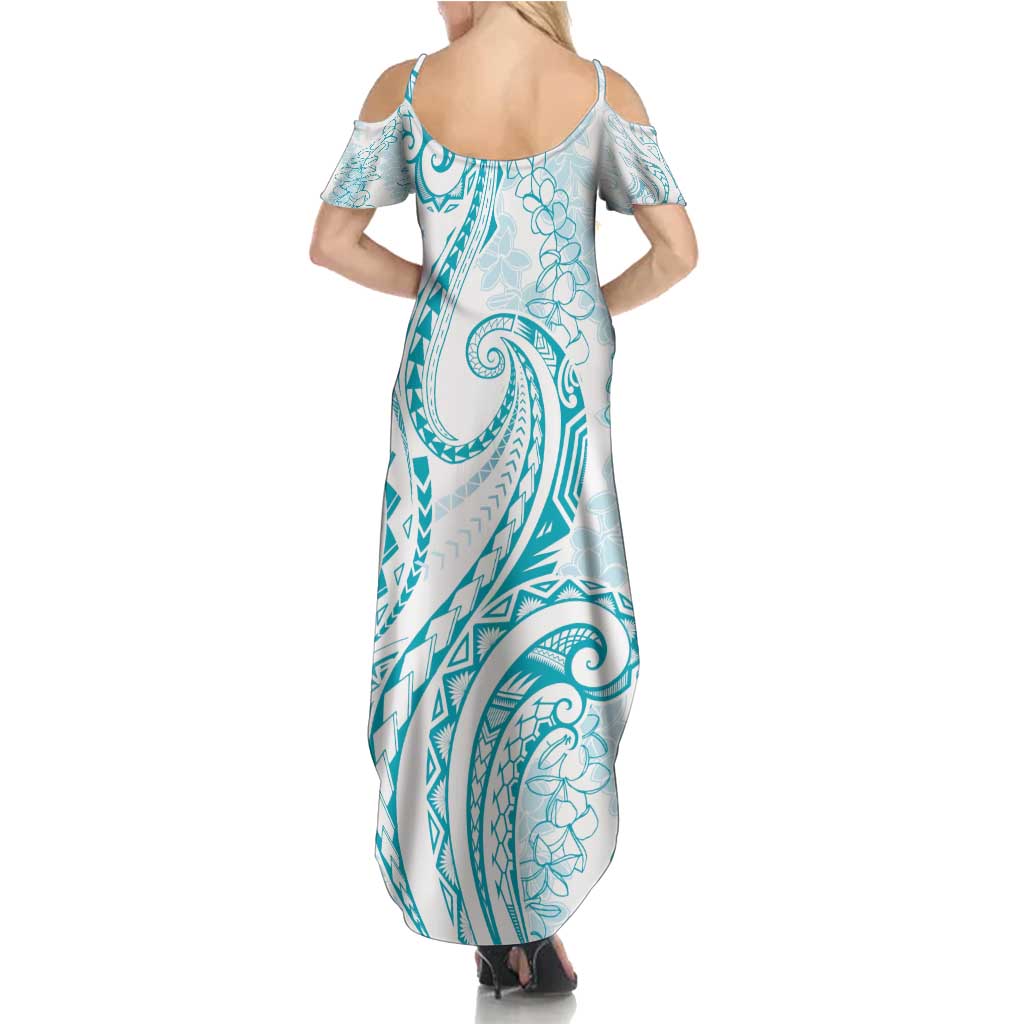 Polynesia Plumeria Lei Family Matching Summer Maxi Dress and Hawaiian Shirt White Turquoise Curves Motif LT7 - Polynesian Pride
