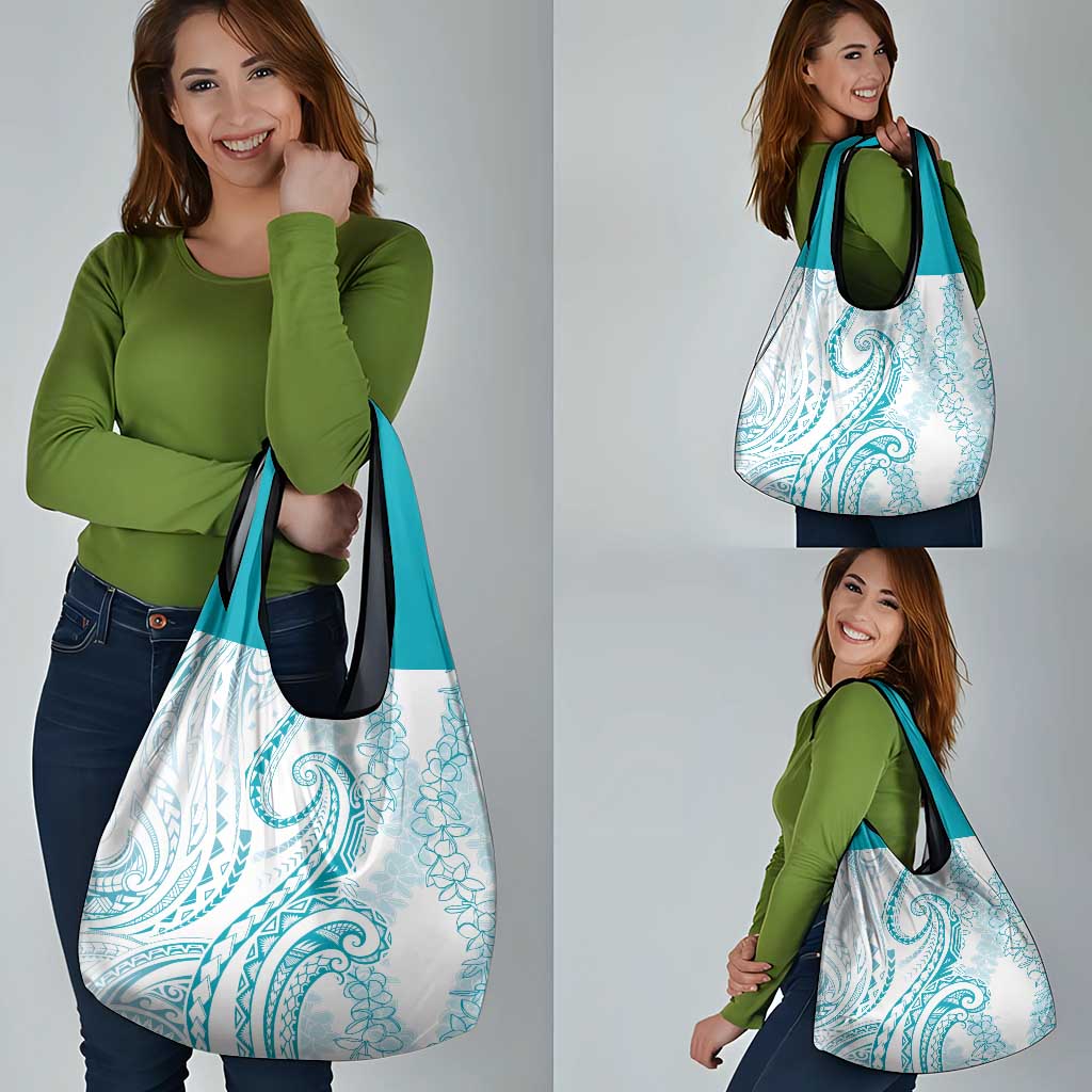 Polynesia Plumeria Lei Grocery Bag White Turquoise Curves Motif