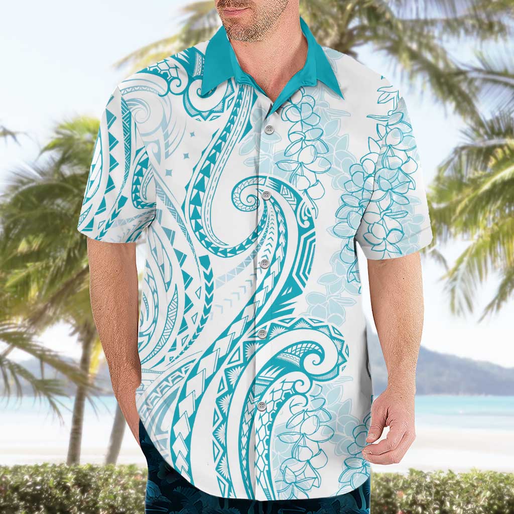 Polynesia Plumeria Lei Hawaiian Shirt White Turquoise Curves Motif