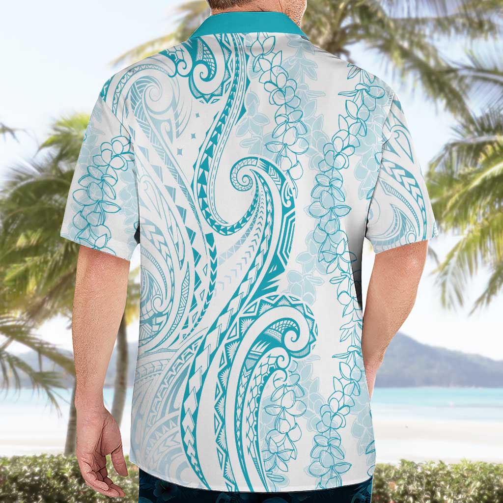 Polynesia Plumeria Lei Hawaiian Shirt White Turquoise Curves Motif