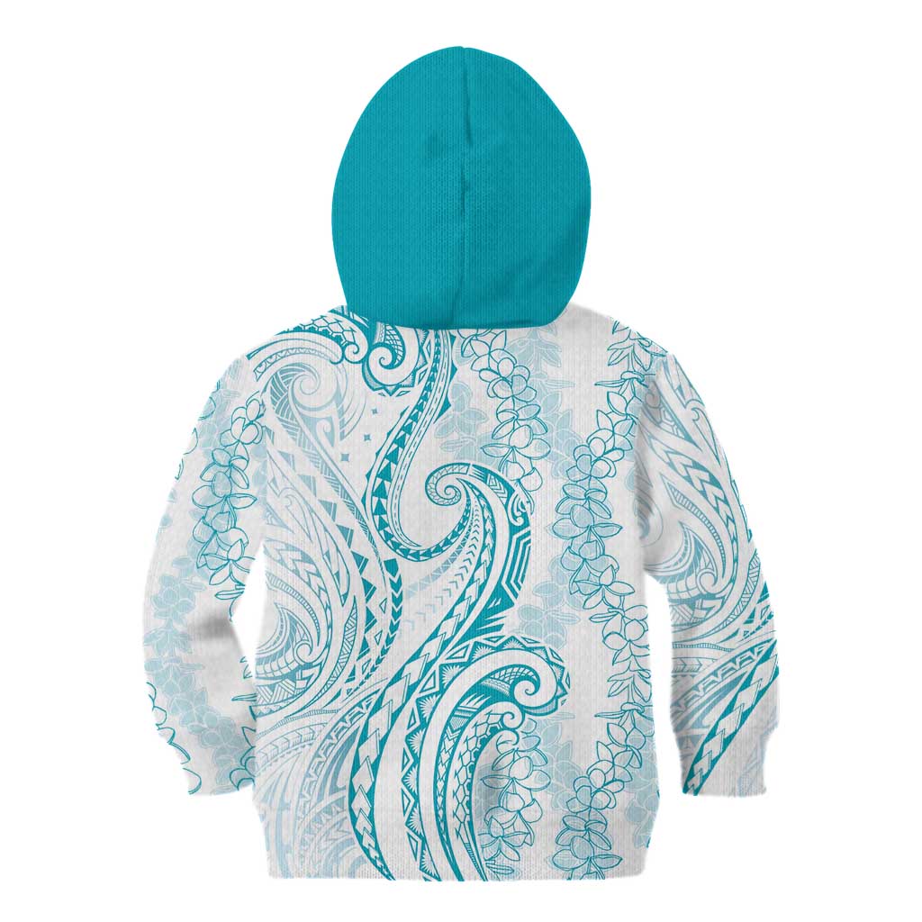 Polynesia Plumeria Lei Kid Hoodie White Turquoise Curves Motif
