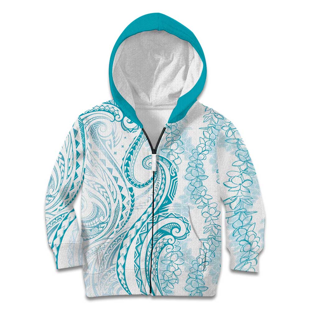 Polynesia Plumeria Lei Kid Hoodie White Turquoise Curves Motif