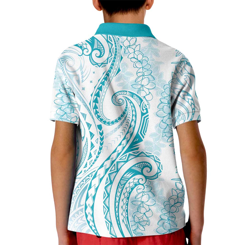 Polynesia Plumeria Lei Kid Polo Shirt White Turquoise Curves Motif