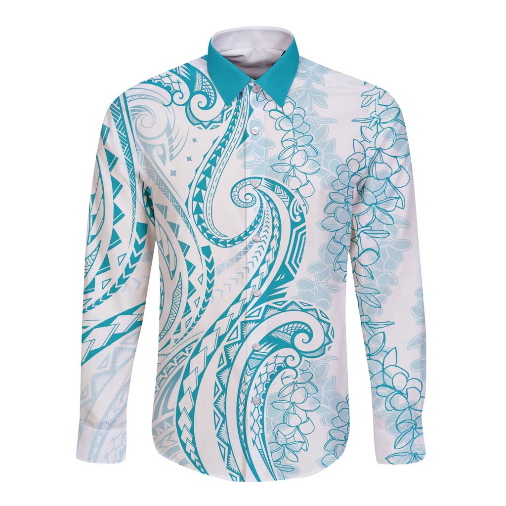 Polynesia Plumeria Lei Long Sleeve Button Shirt White Turquoise Curves Motif