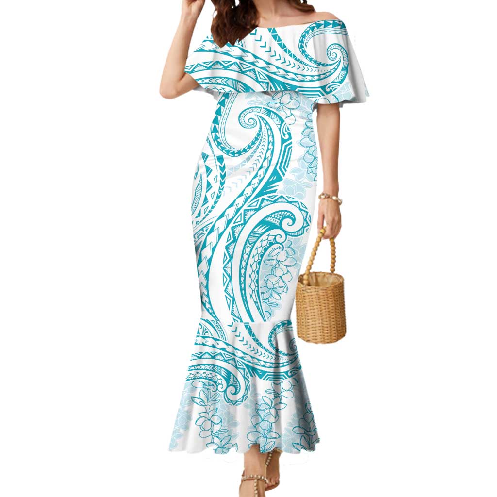 Polynesia Plumeria Lei Mermaid Dress White Turquoise Curves Motif
