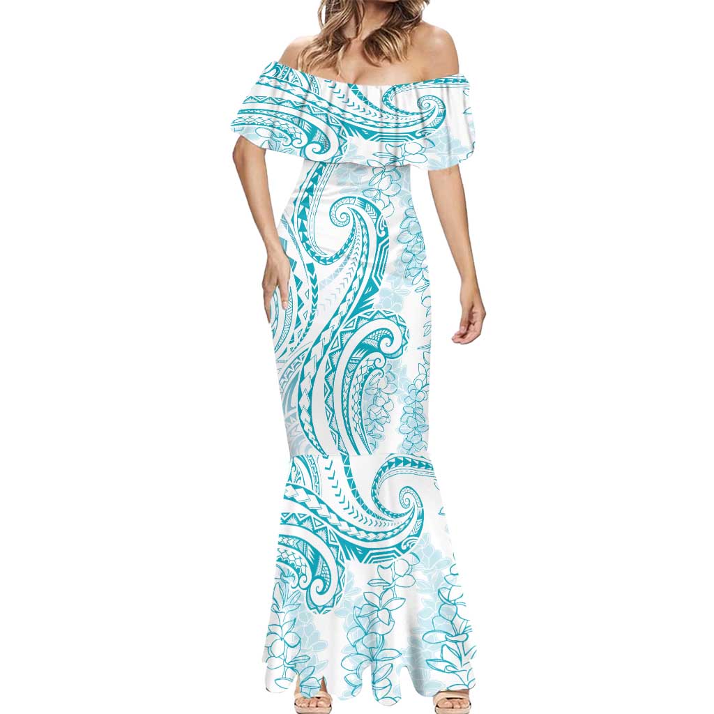 Polynesia Plumeria Lei Mermaid Dress White Turquoise Curves Motif