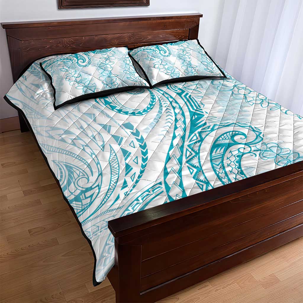 Polynesia Plumeria Lei Quilt Bed Set White Turquoise Curves Motif