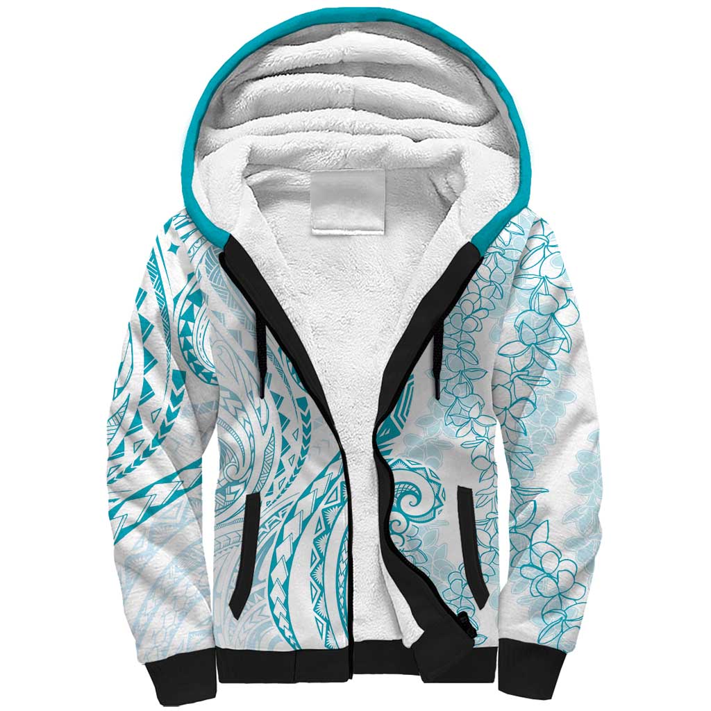 Polynesia Plumeria Lei Sherpa Hoodie White Turquoise Curves Motif