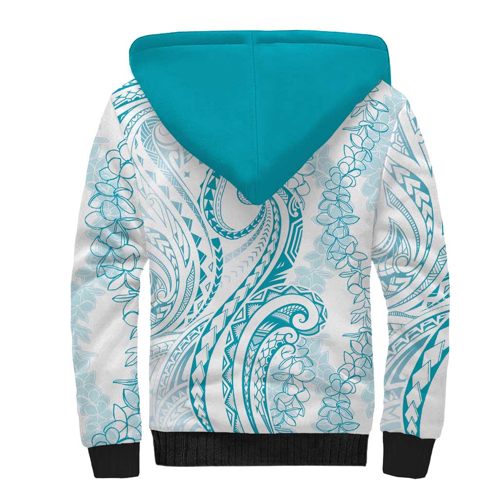 Polynesia Plumeria Lei Sherpa Hoodie White Turquoise Curves Motif