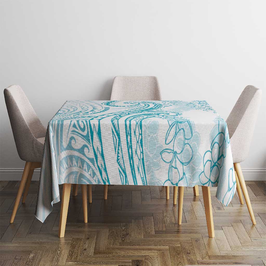 Polynesia Plumeria Lei Tablecloth White Turquoise Curves Motif