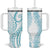 Polynesia Plumeria Lei Tumbler With Handle White Turquoise Curves Motif