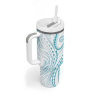 Polynesia Plumeria Lei Tumbler With Handle White Turquoise Curves Motif