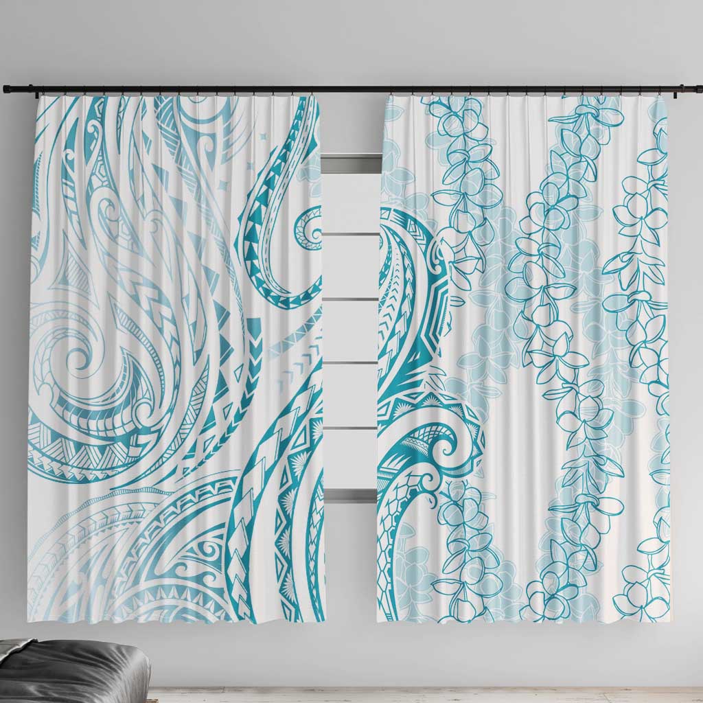 Polynesia Plumeria Lei Window Curtain White Turquoise Curves Motif