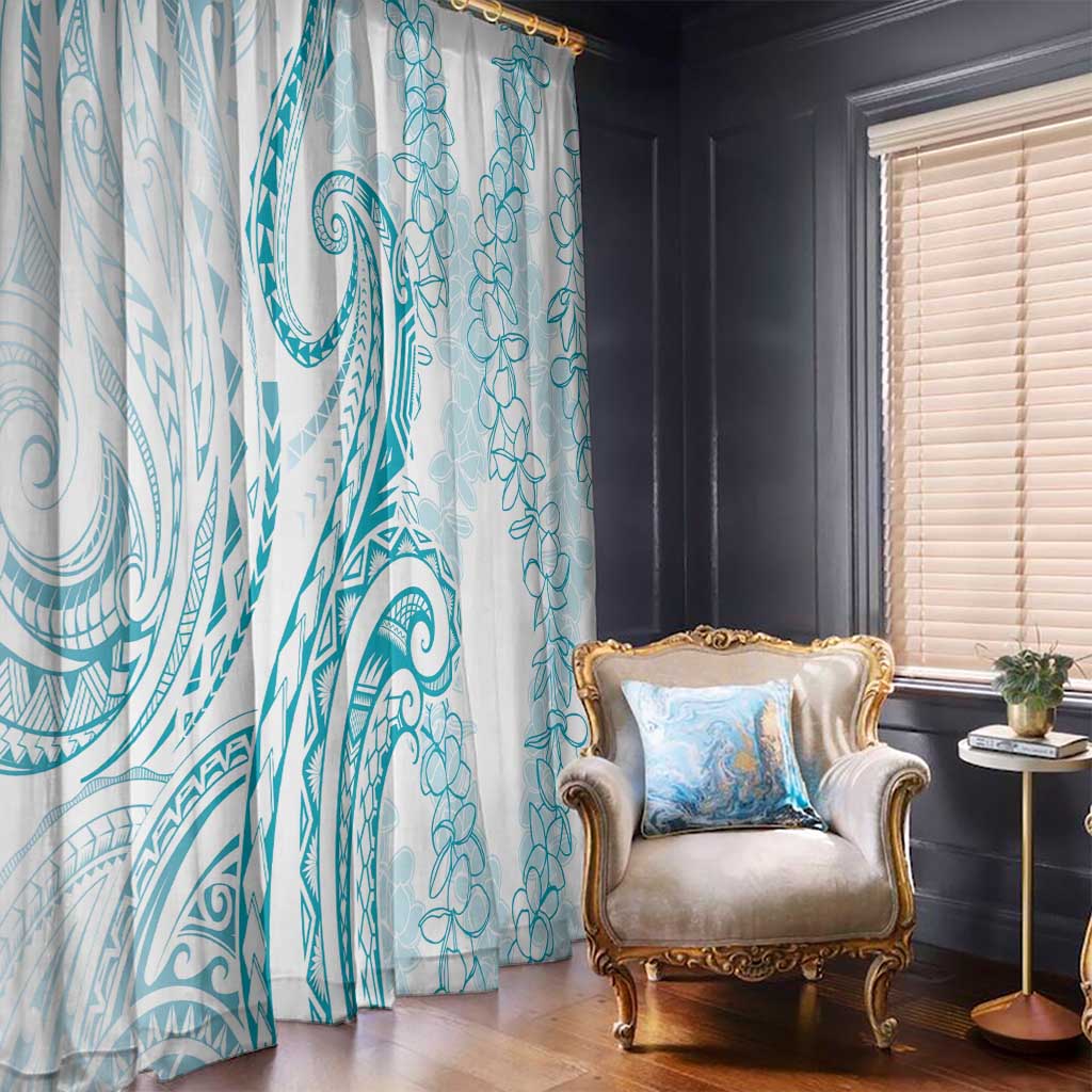 Polynesia Plumeria Lei Window Curtain White Turquoise Curves Motif