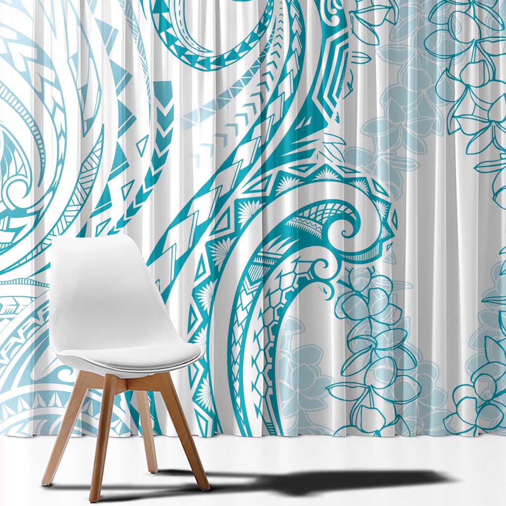 Polynesia Plumeria Lei Window Curtain White Turquoise Curves Motif