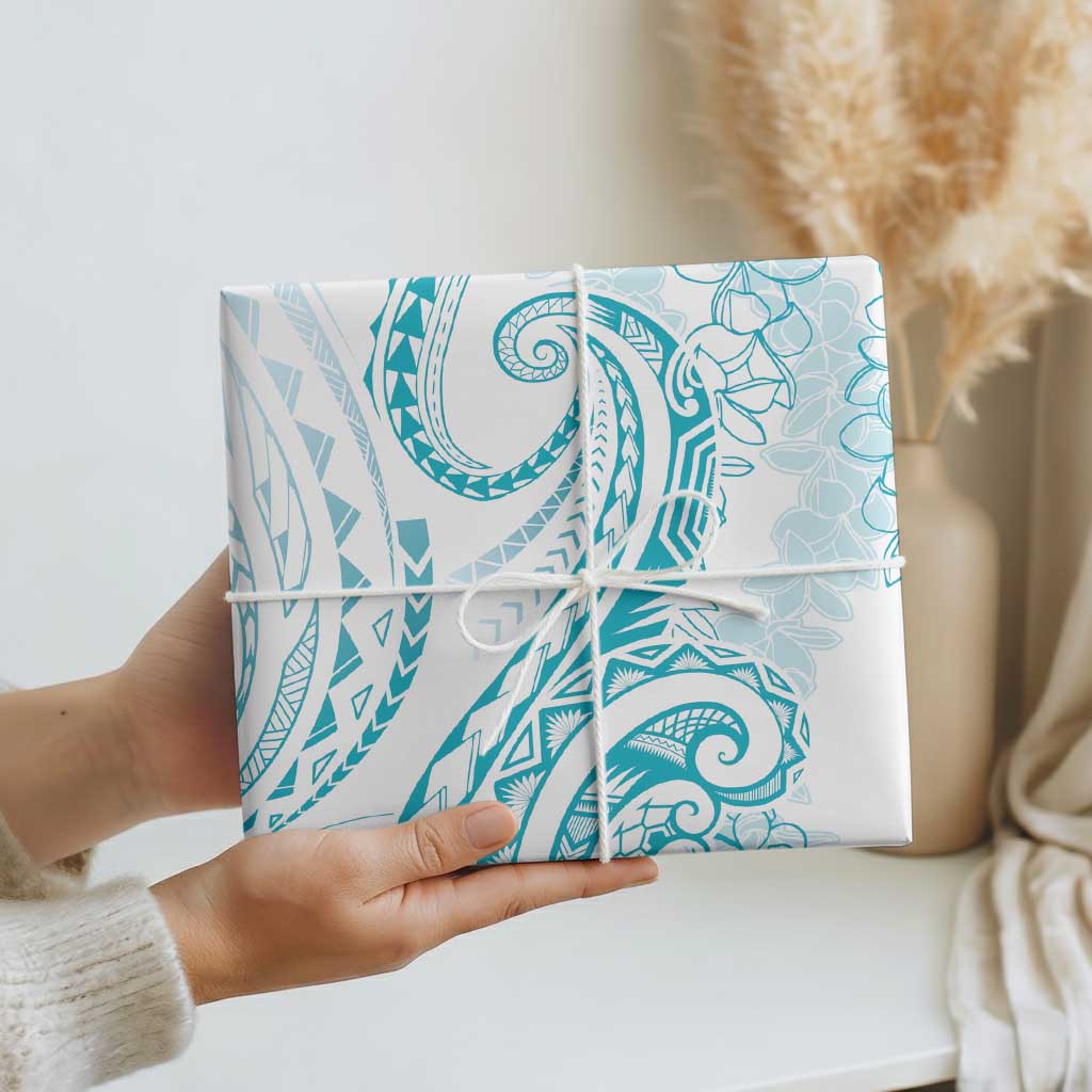 Polynesia Plumeria Lei Wrapping Paper White Turquoise Curves Motif