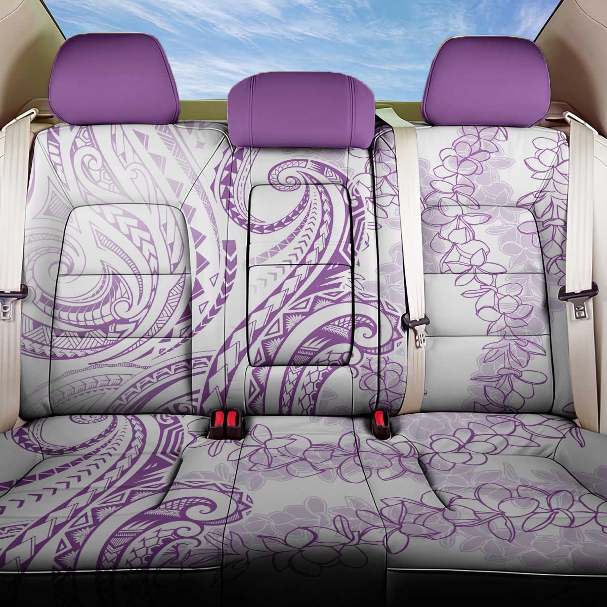 Polynesia Plumeria Lei Back Car Seat Cover White Violet Curves Motif