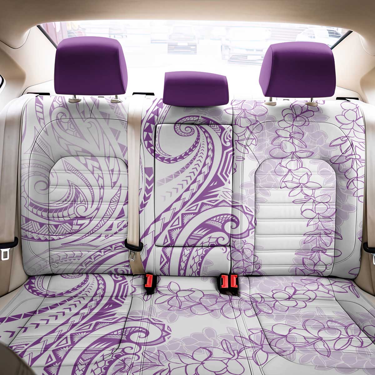 Polynesia Plumeria Lei Back Car Seat Cover White Violet Curves Motif