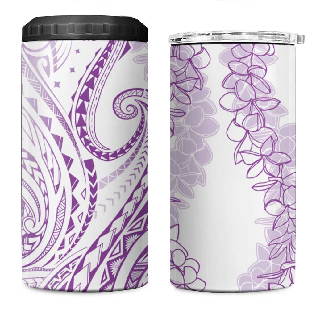 Polynesia Plumeria Lei 4 in 1 Can Cooler Tumbler White Violet Curves Motif