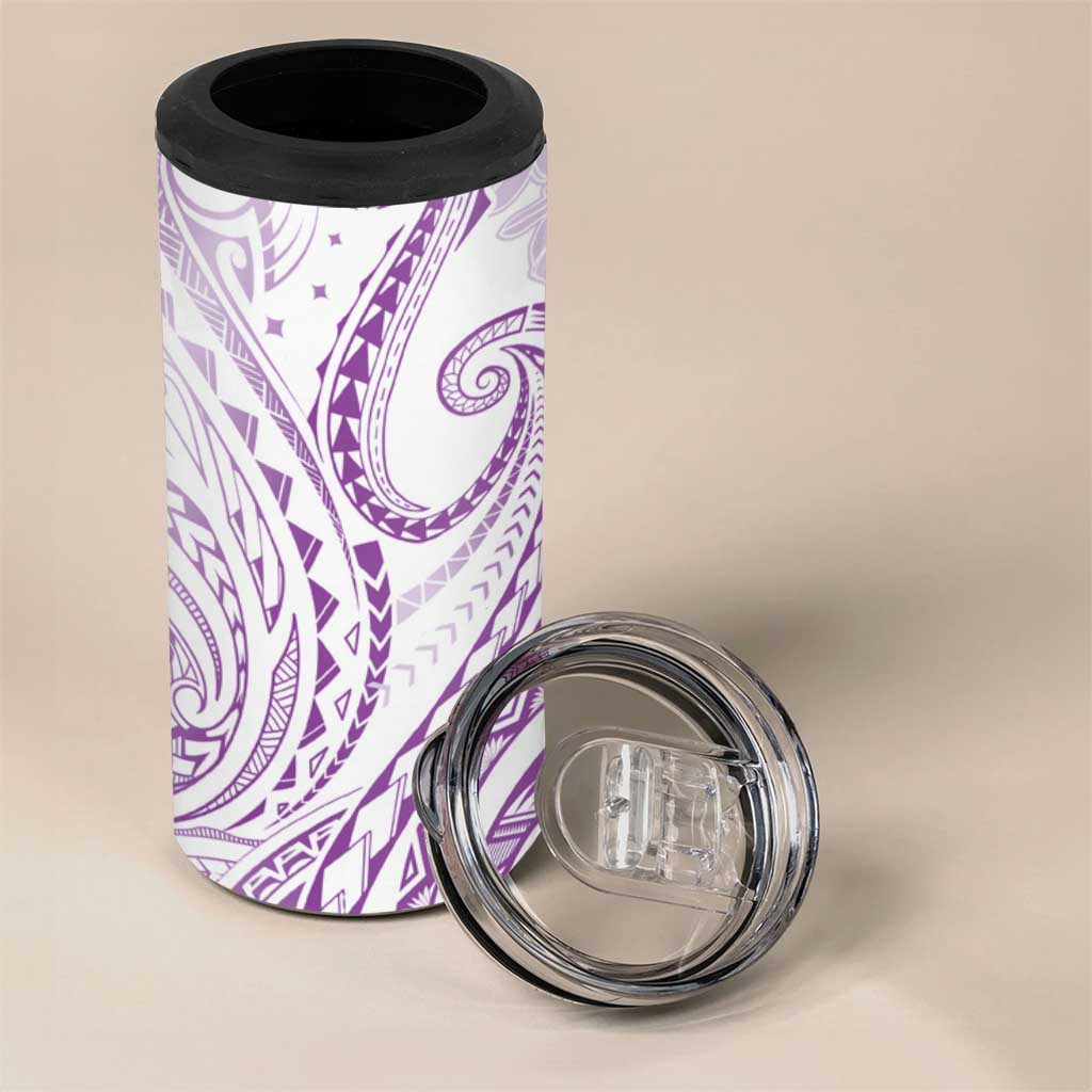 Polynesia Plumeria Lei 4 in 1 Can Cooler Tumbler White Violet Curves Motif