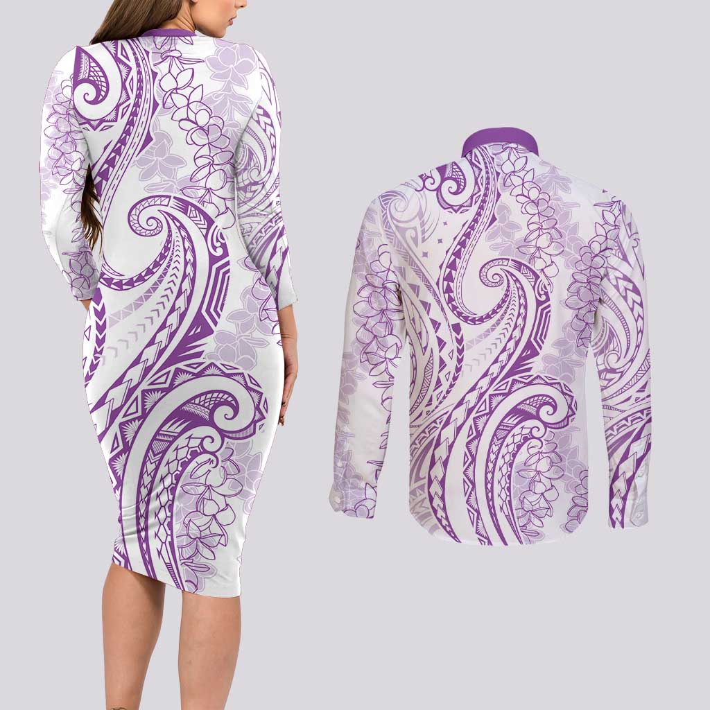 Polynesia Plumeria Lei Couples Matching Long Sleeve Bodycon Dress and Long Sleeve Button Shirt White Violet Curves Motif
