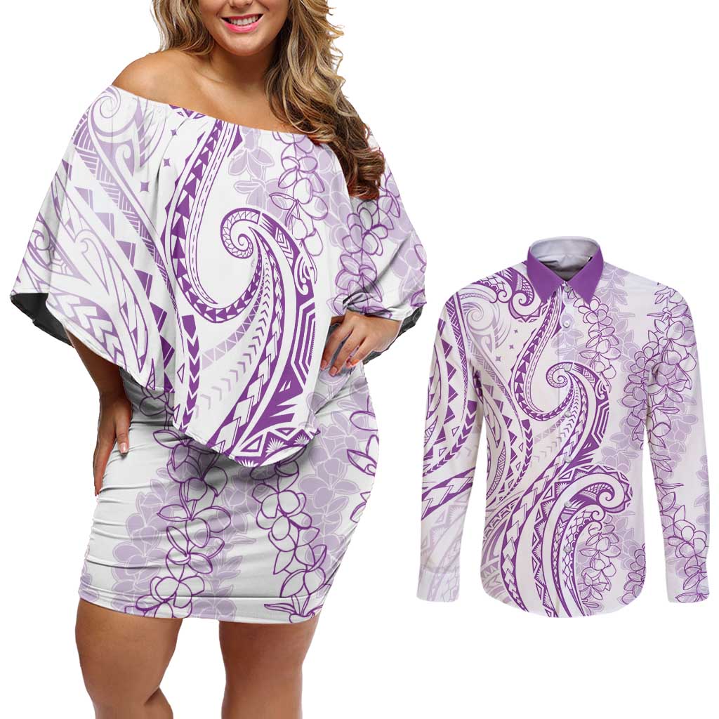 Polynesia Plumeria Lei Couples Matching Off Shoulder Short Dress and Long Sleeve Button Shirt White Violet Curves Motif