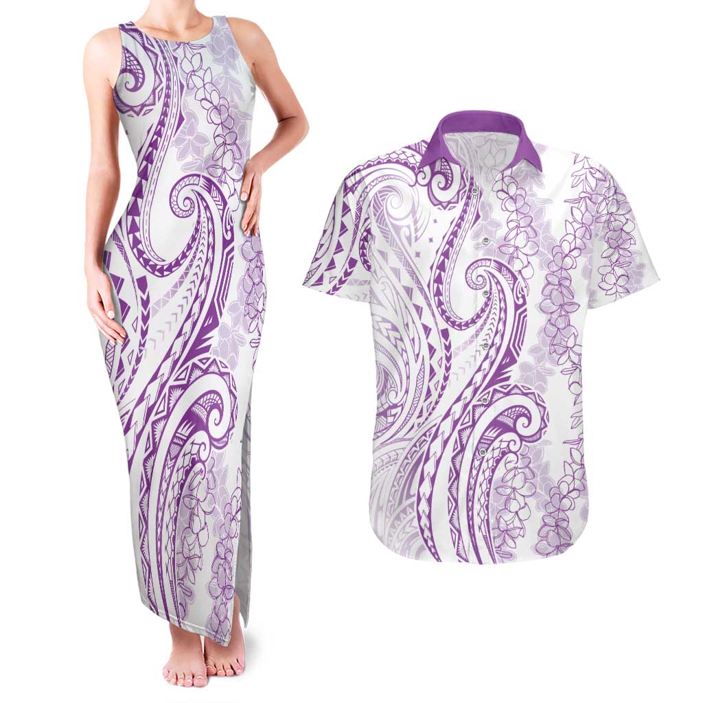 Polynesia Plumeria Lei Couples Matching Tank Maxi Dress and Hawaiian Shirt White Violet Curves Motif