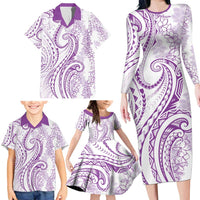 Polynesia Plumeria Lei Family Matching Long Sleeve Bodycon Dress and Hawaiian Shirt White Violet Curves Motif